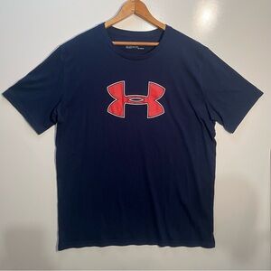 Under Armour Mens Loose Fit T Shirt Navy Blue Big Logo Red Graphic Tee XL.